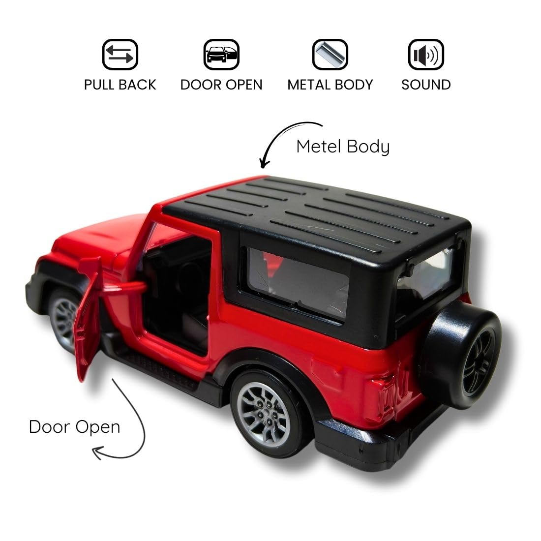 Mahindra Thar Die Cast Metal Toy Car 1:32 Scale | Pull Back with Lights & Sound