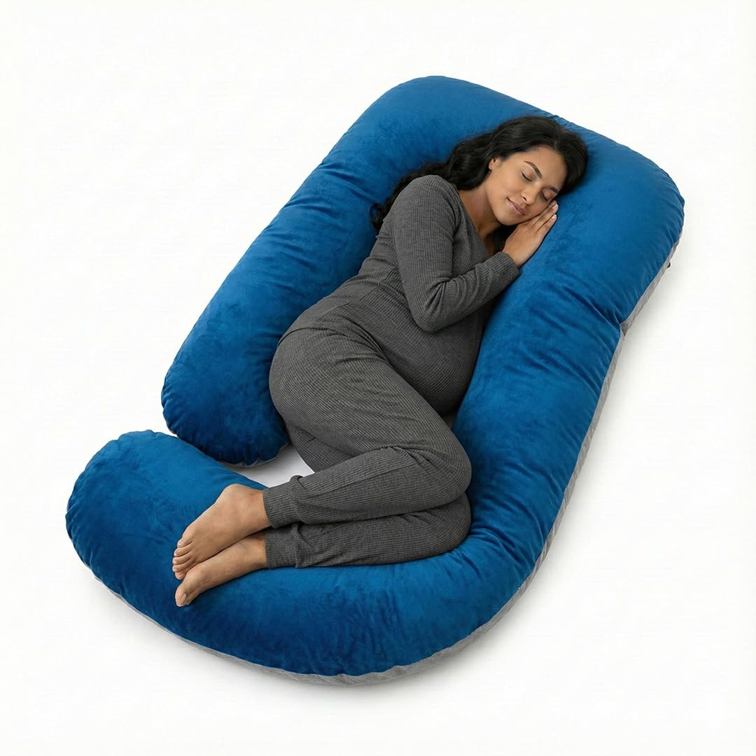 TeddyNest Full Body Pregnancy Pillow – J Shape | Soft Velvet Cover | Washable | Navy Blue