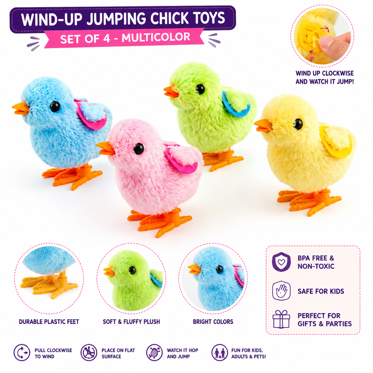 Bunny & Jumping Chick Wind-Up Toy Set (4 Pieces) – Fun Hopping Toys for Kids