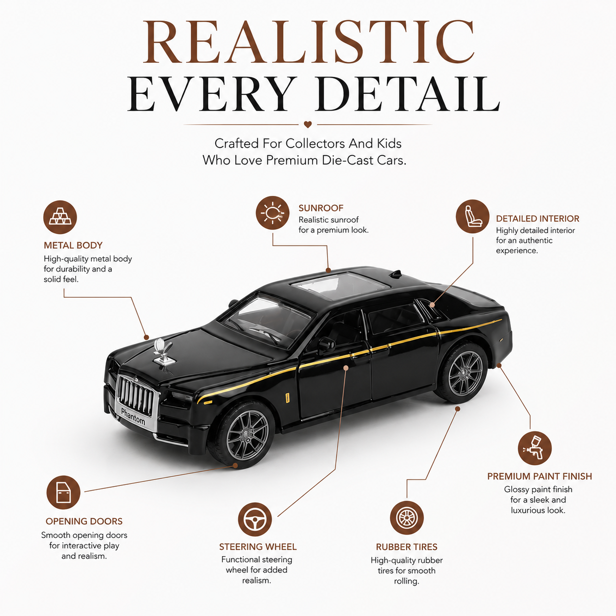 Rolls Royce Phantom Diecast Model Car – 1:32 Scale Metal Alloy Toy Car with Pull-Back Action, Light & Sound