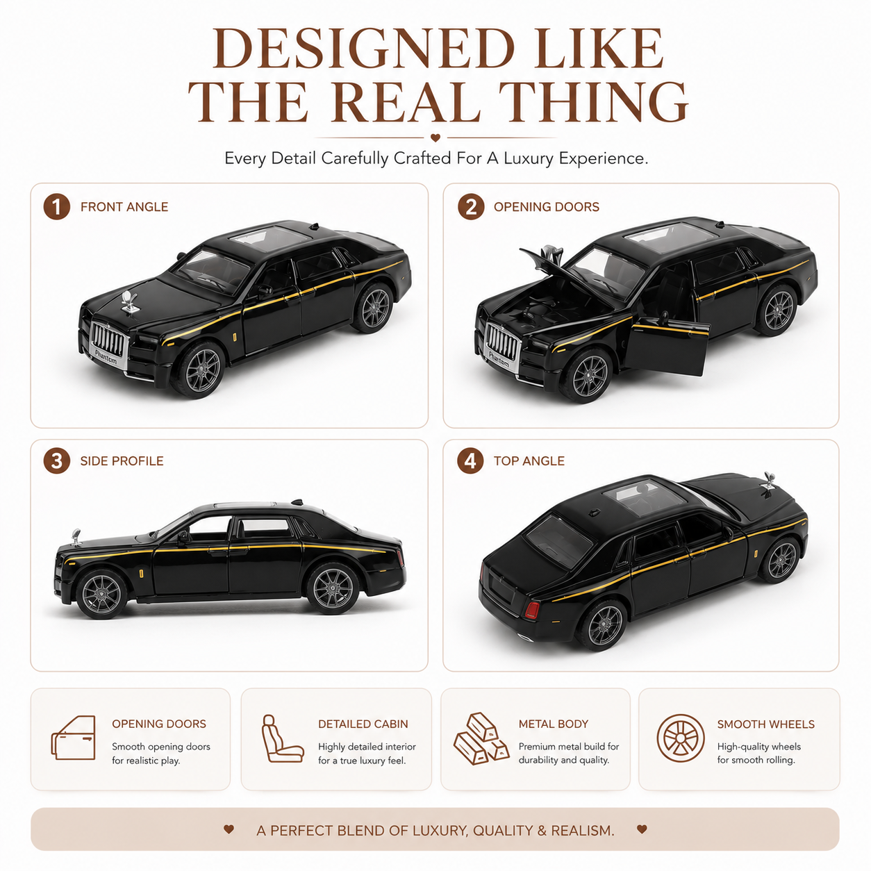Rolls Royce Phantom Diecast Model Car – 1:32 Scale Metal Alloy Toy Car with Pull-Back Action, Light & Sound