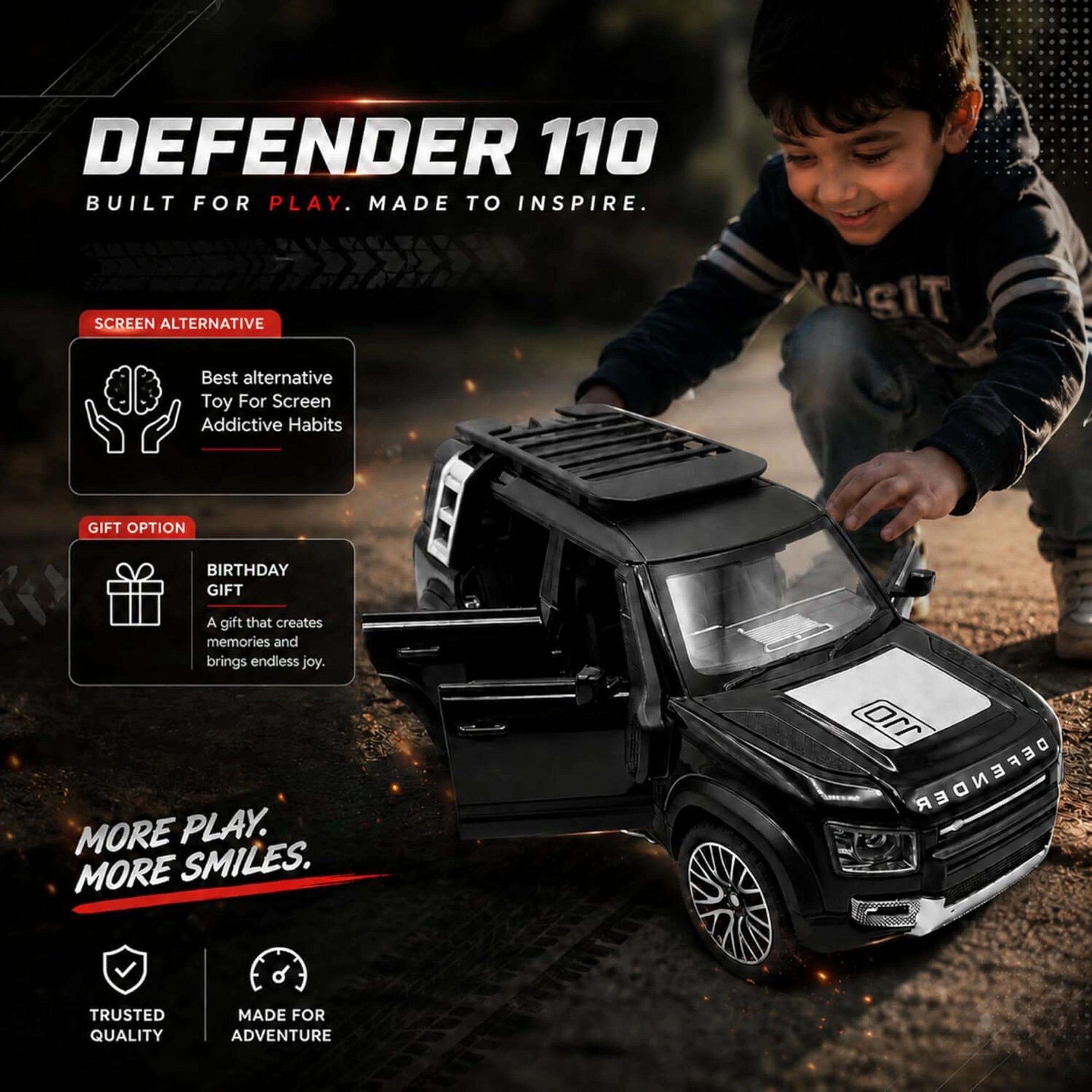 Defender 110 Die Cast Metal Toy Car 1:32 Scale | Pull Back with Lights &amp; Sound