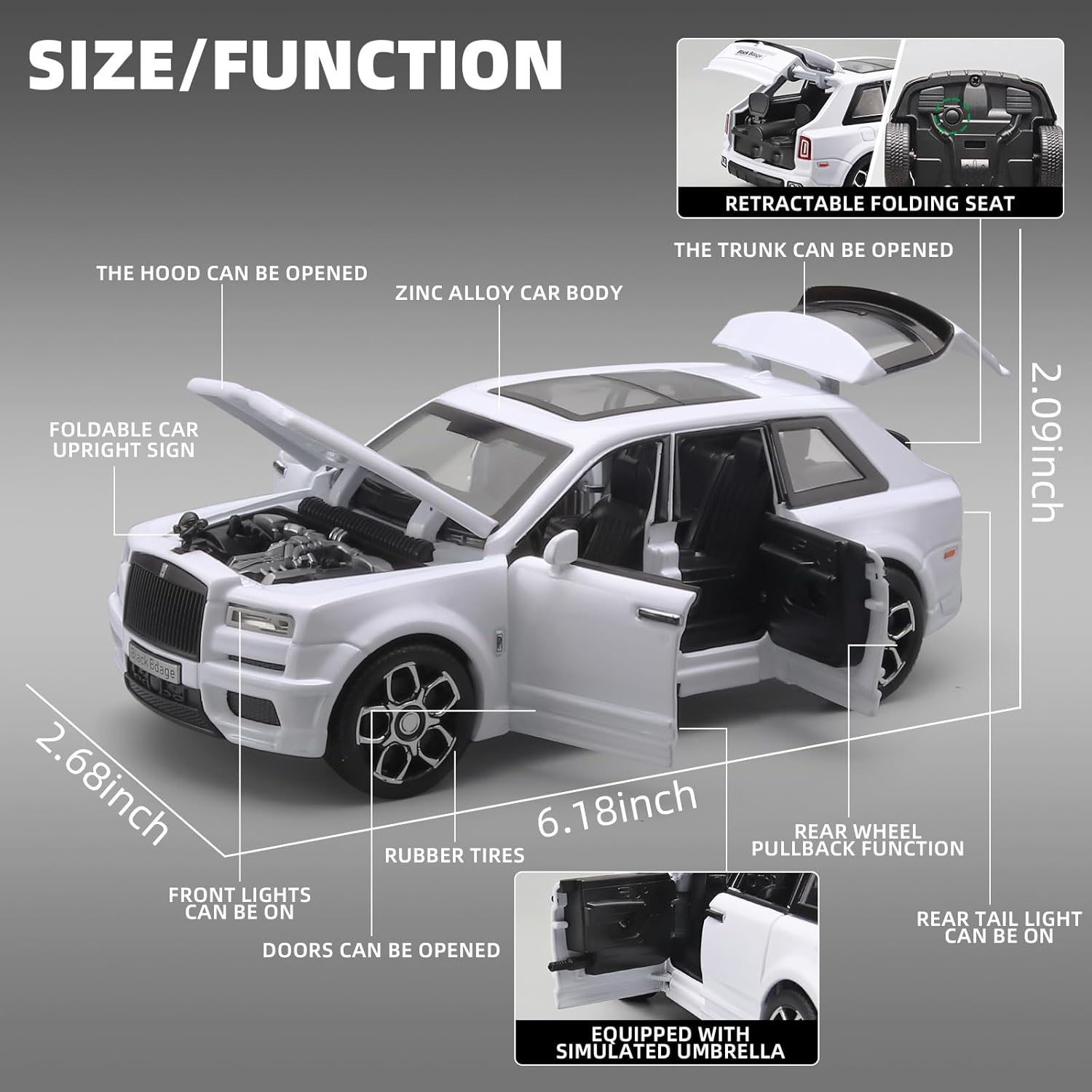 Rolls-Royce Cullinan Die Cast Metal Toy Car 1:32 Scale | Pull Back with Lights & Sound